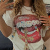 Women's Y2K Lip Print Crew Neck T-Shirt, 100% Cotton Casual Fit, Short Sleeve Graphic Tee with Bold Lips & Jewelry Design, Spring/Summer Fashion Top, Casual Wear Tee | Jewelry Print Top | 100% Cotton Shirt