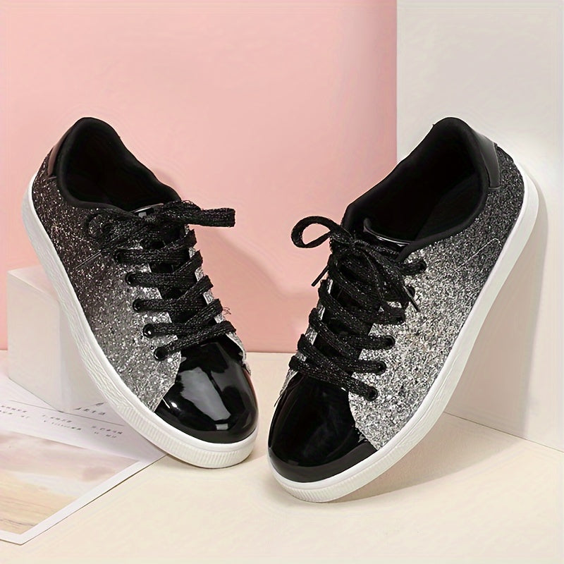 Women's Glitter Sneakers - Casual Athletic Flat Shoes, Fashionable Low Top Lace-up Fashion Skate Shoes - Plus Size - For Women - Suitable for Casual Wear, Sports & Parties - Perfect Gift for Fashionable Women