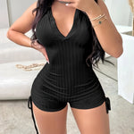 Women'S Sexy Sleeveless Hooded Jumpsuit, Solid Color Polyester 100% Knit Fabric, Summer Drawstring Unitard with Side Ties