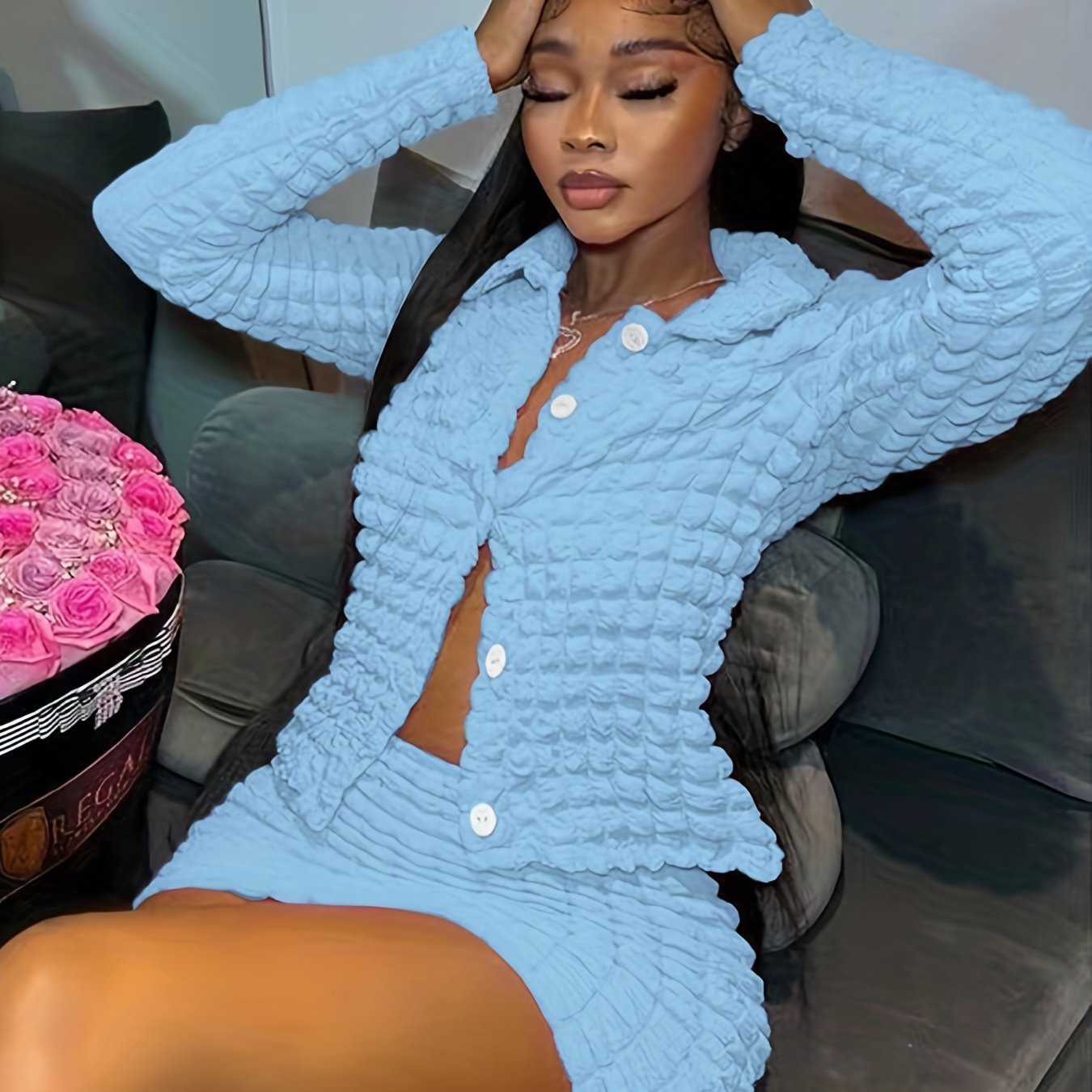 European and American Women's Cross-border 2023 New Bubble Pleated Sexy V-Neck Button Mini Skirt Fashion Two-Piece Set