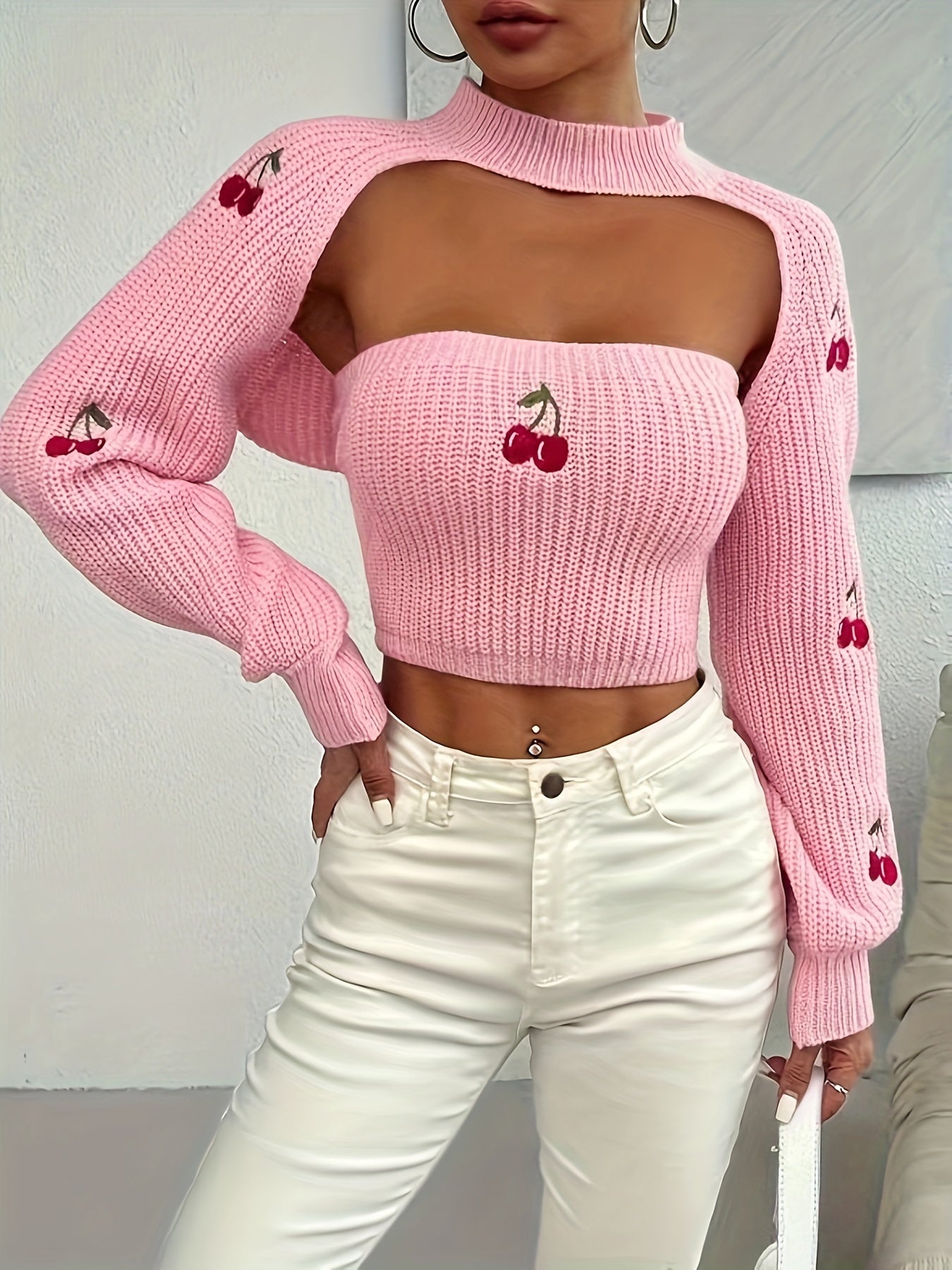 Cherry pattern tube knit top and super crop shrug sweater