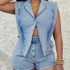 Denim Sleeveless Suit Collar Stretchy Waist Jumpsuit Shorts