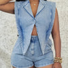 Denim Sleeveless Suit Collar Stretchy Waist Jumpsuit Shorts