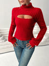 Cut Out Turtle Neck Textured Slim Sweater - Casual Long Lantern Sleeve - Soft & Cozy Fabric - For Fall & Winter - Women's Clothing - Perfect Gift for Fashionable Women