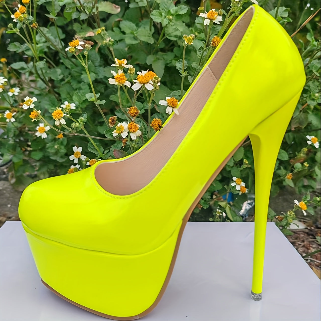 Women's Neon Yellow Ultra-High Platform Stiletto Heels - Glossy Synthetic Cover Round-Toe Party Shoes for Nightclub, Evening Events & All-Season Wear, Shoes Heels