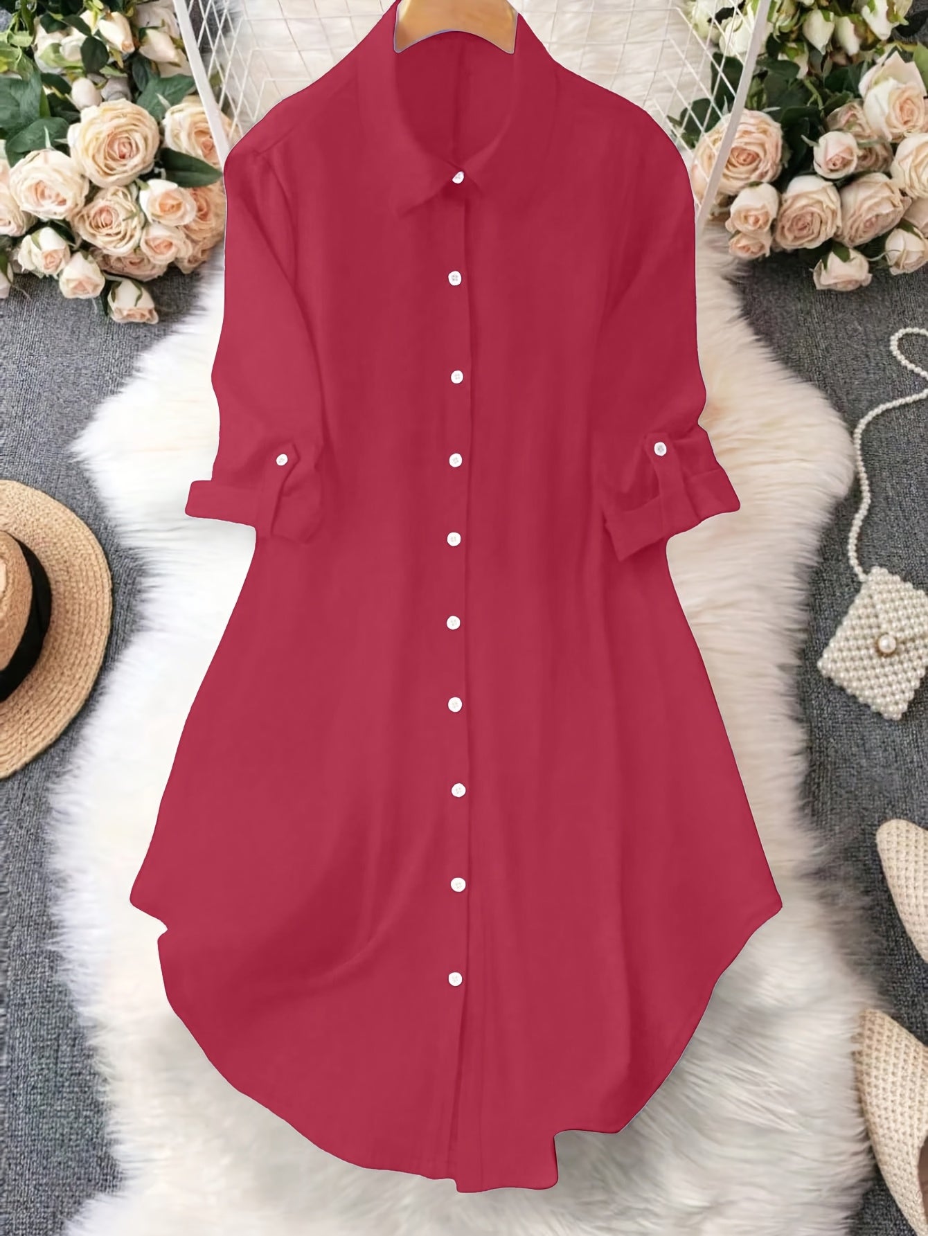 Women'S Light Blue Dress Shirt with Front Buttons and Sleeves - Casual Crew Neck, Long Sleeve, Solid Color, Polyester, Perfect for Spring and Fall, Ladies Dress