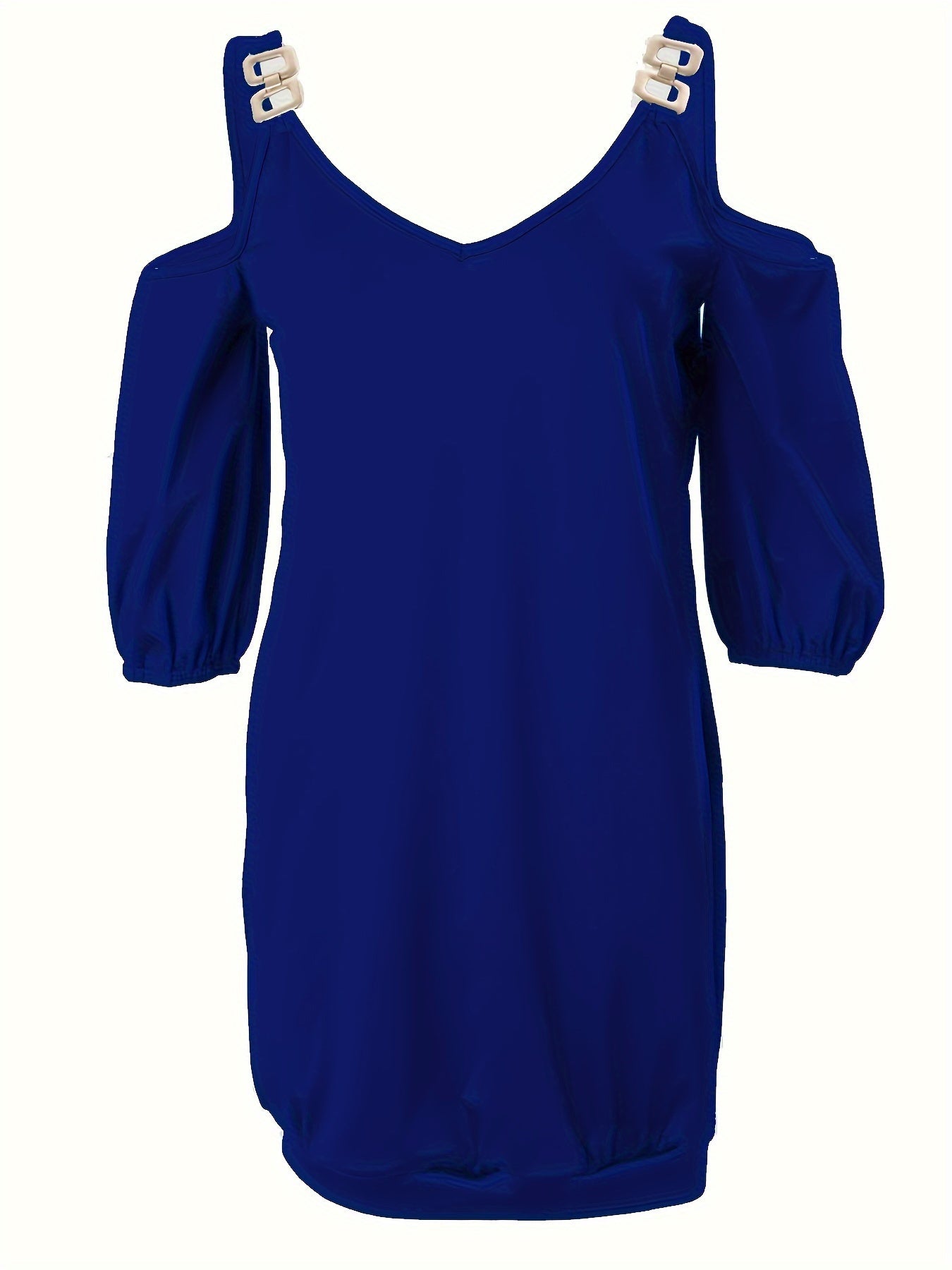Plus Size Women's Casual Cold Shoulder Dress - V-Neck with Metal Chain Detail, Teal Blue, Sleeve, Relaxed Fit for Summer, Nontransparent Fabric