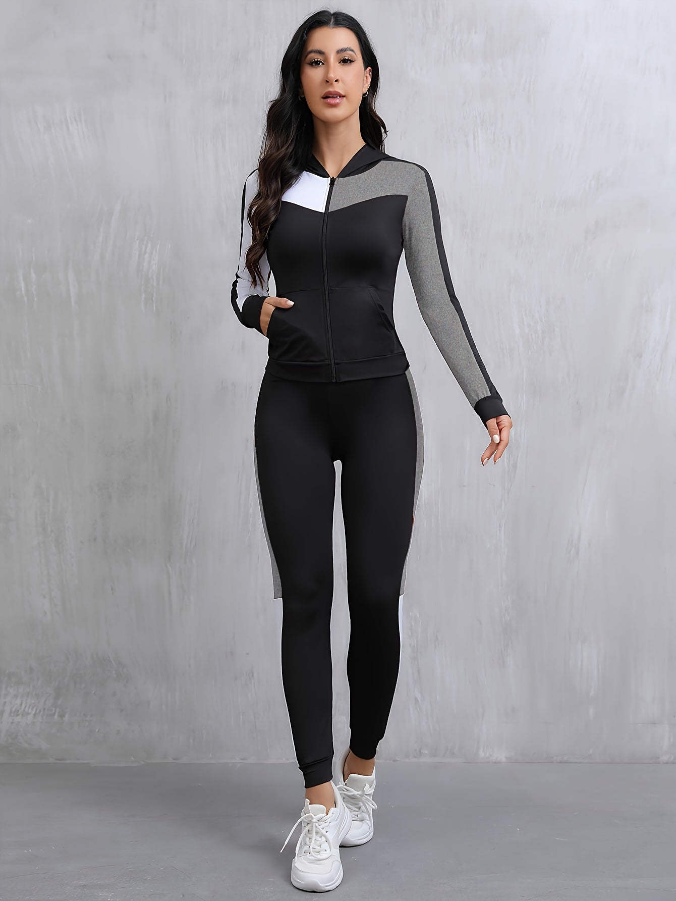 Women'S 2pcs Color Block Athletic Set - High Stretch Fabric, Hooded Jacket & Leggings, Black/White/Teal Patchwork, All-Season Workout Outfit, Gym Clothes|Sporty Look|Versatile Jacket