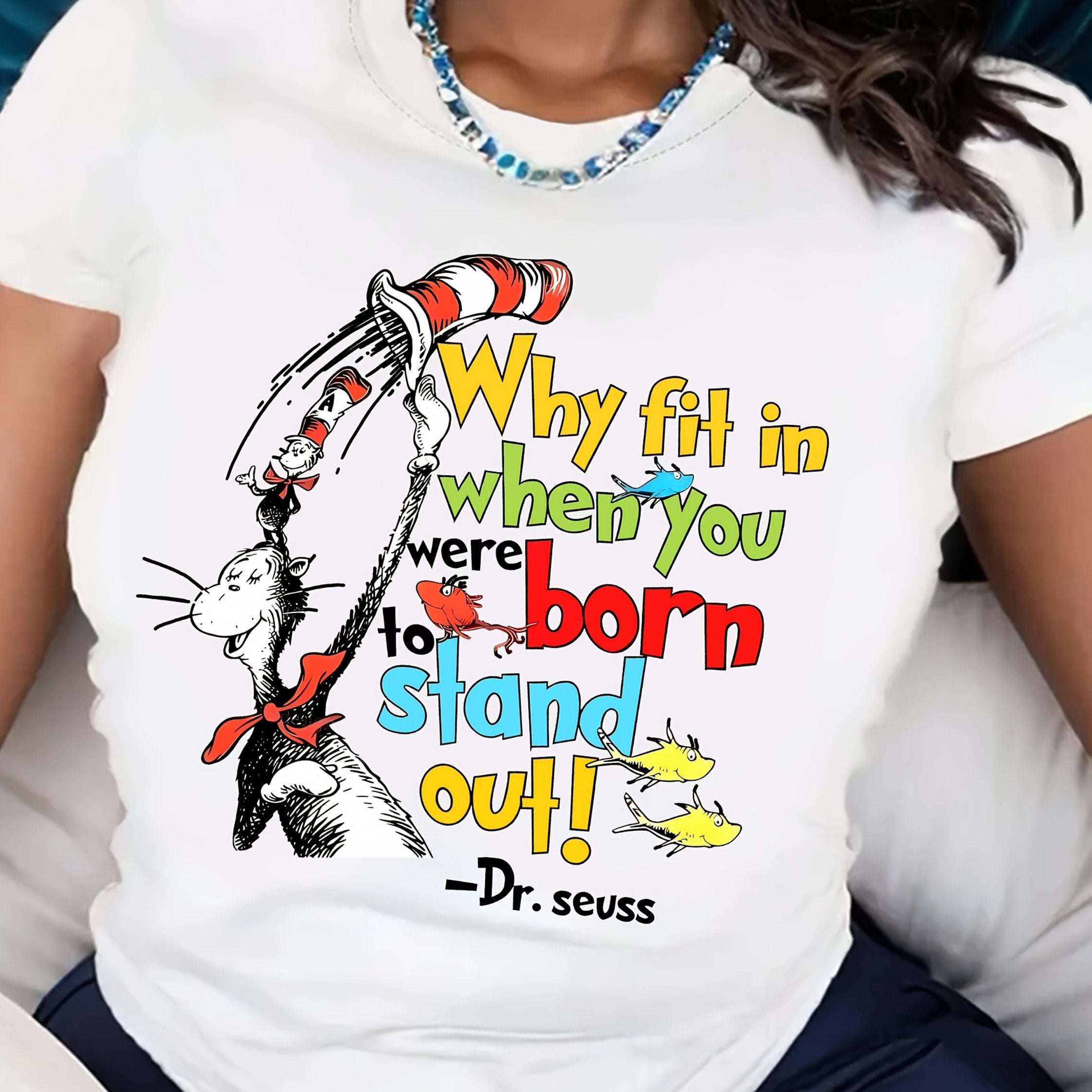 Women's Red Cartoon Graphic T-Shirt - "Why Fit In When You Were Born to Stand Out!" Dr. Seuss Quote, Casual Short Sleeve Crew Neck Top, Perfect for Spring & Summer