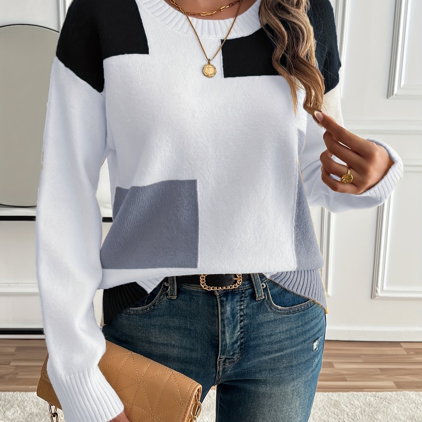 Stylish Color Block Crew Neck Pullover Sweater - Soft, Long Sleeve, Knitted, Casual, Fall & Spring Essential - Women's Clothing for Everyday Wear