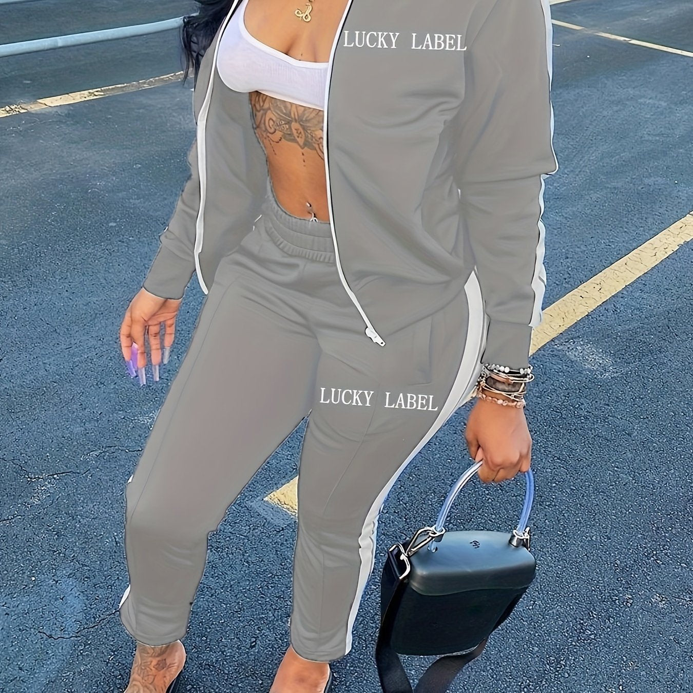 Women's Letter Pattern Striped Two-piece Set, Zip Up Long Sleeve Tops & Elastic Waist Pants Outfits - Casual Style - For Women - Perfect for Daily Wear, Parties & Going Out