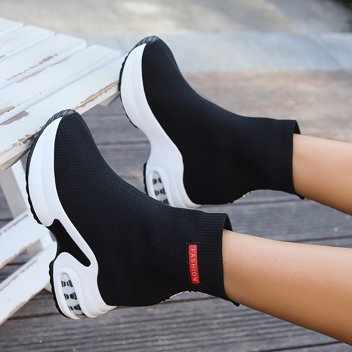 Women's Fashionable Slip-On Sneakers with Invisible Height Boost - Breathable Knit, Comfortable Mid-Heel Platform Shoes for Casual Wear