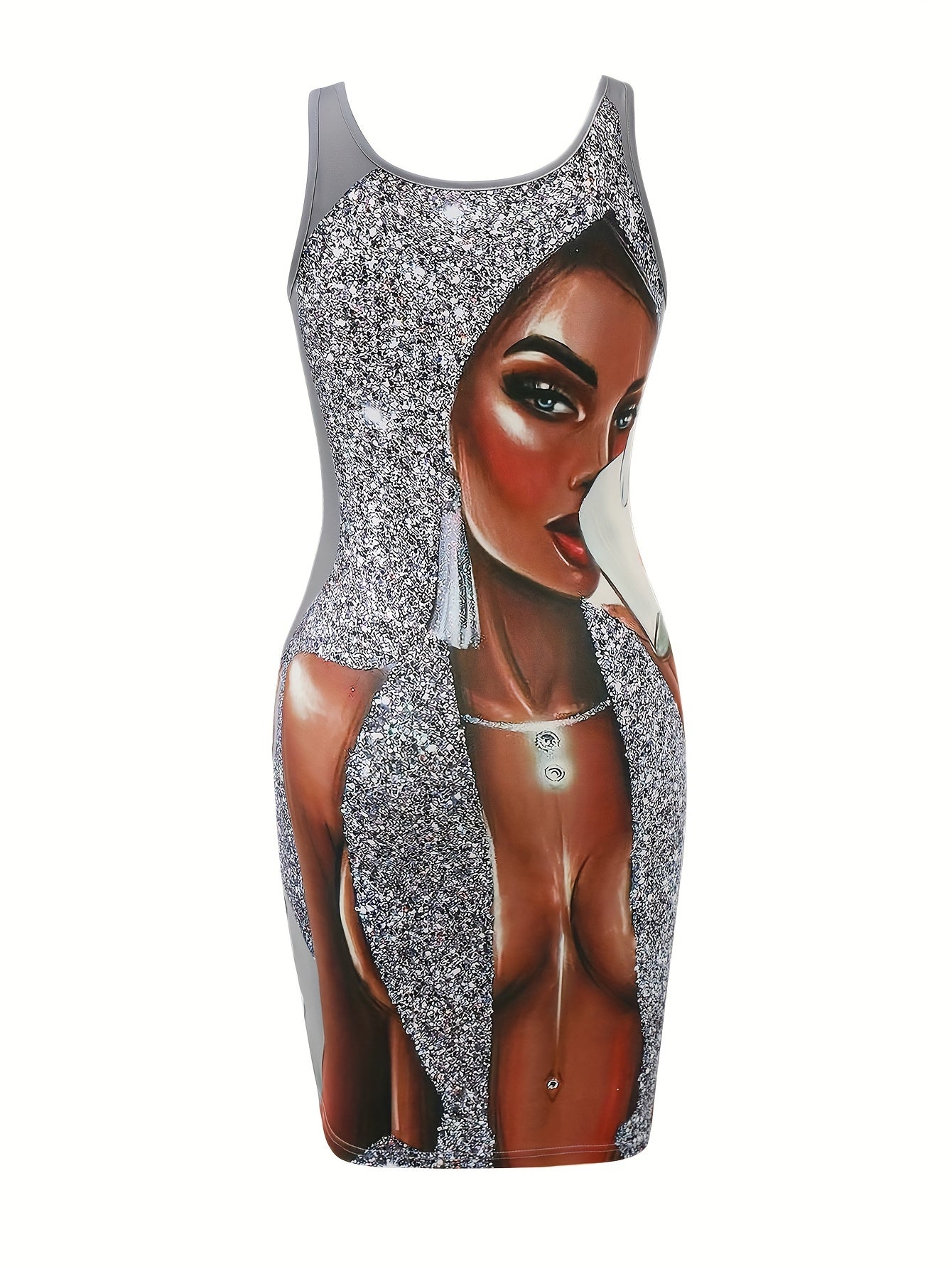 Vibrant Figure-Hugging Square Neck Tank Dress - Soft Dacron & Spandex Blend, Mid-Elastic, Machine Washable, Portrait Print, Young Style, Customized Bodycon Dress for Women - Perfect for Spring/Summer Season