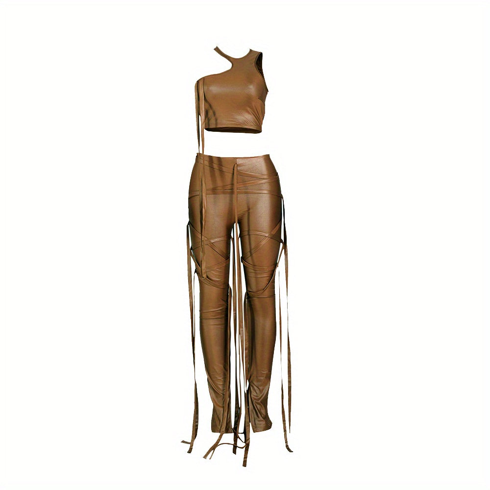 Chic Solid Two-piece Outfit Set - Trendy Asymmetrical Sleeveless Top & Slim-Fit Pants - Flattering Womens Wardrobe Essential