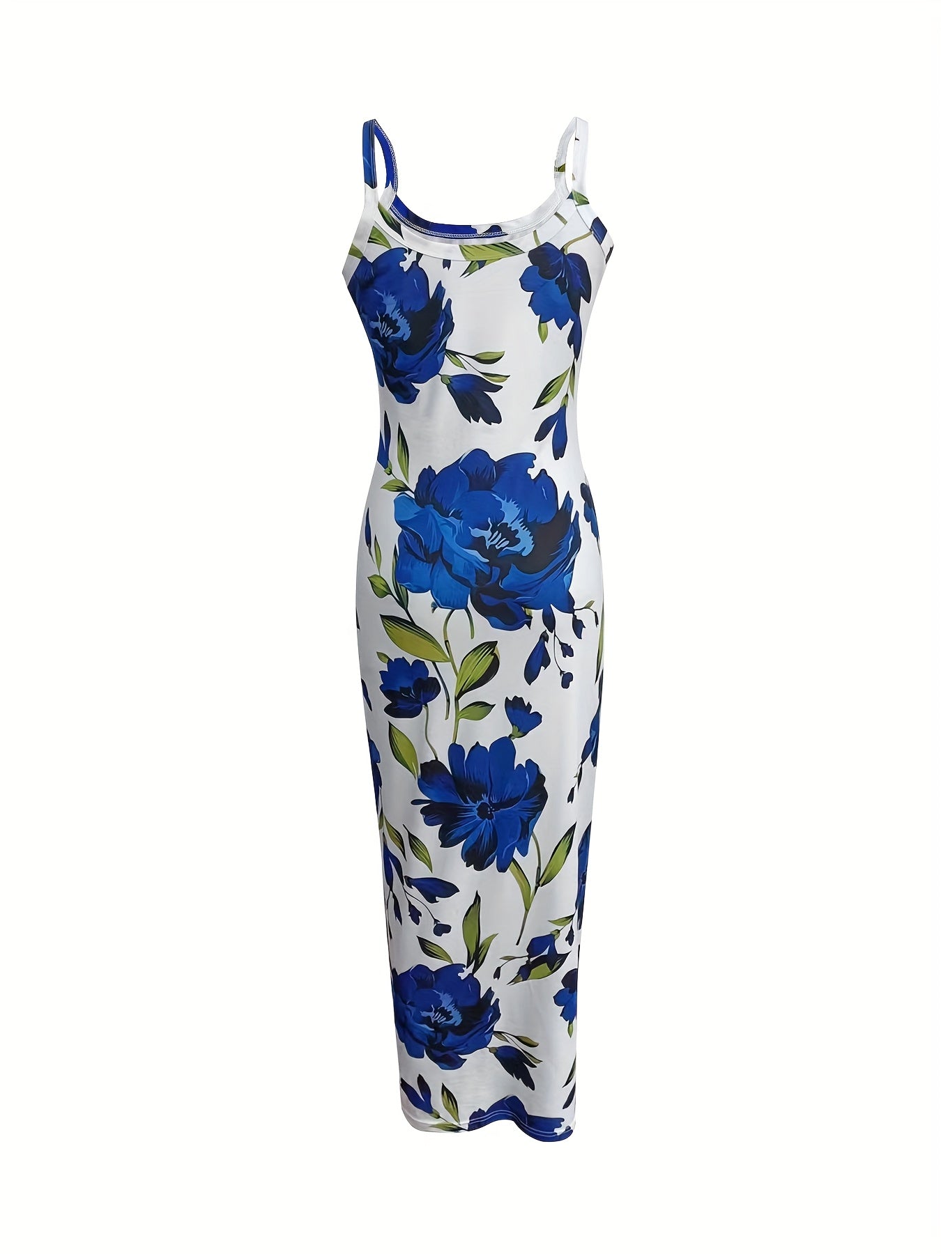 Elegant Floral Print Bodycon Maxi Dress, Polyester Knit Fabric, Crew Neck Sleeveless Long Dress for Women, All-Season, Halter Dress