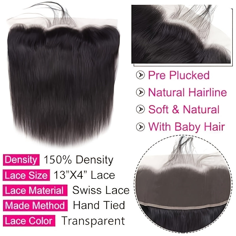 Human Hair Straight Human Hair Bundles With Human Hair 13*4 Lace Frontal Closure 100% Unprocessed Brazilian Virgin Human Hair Bundles With Straight Human Hair Closure Natural Black Elegant Fashion For Black Women