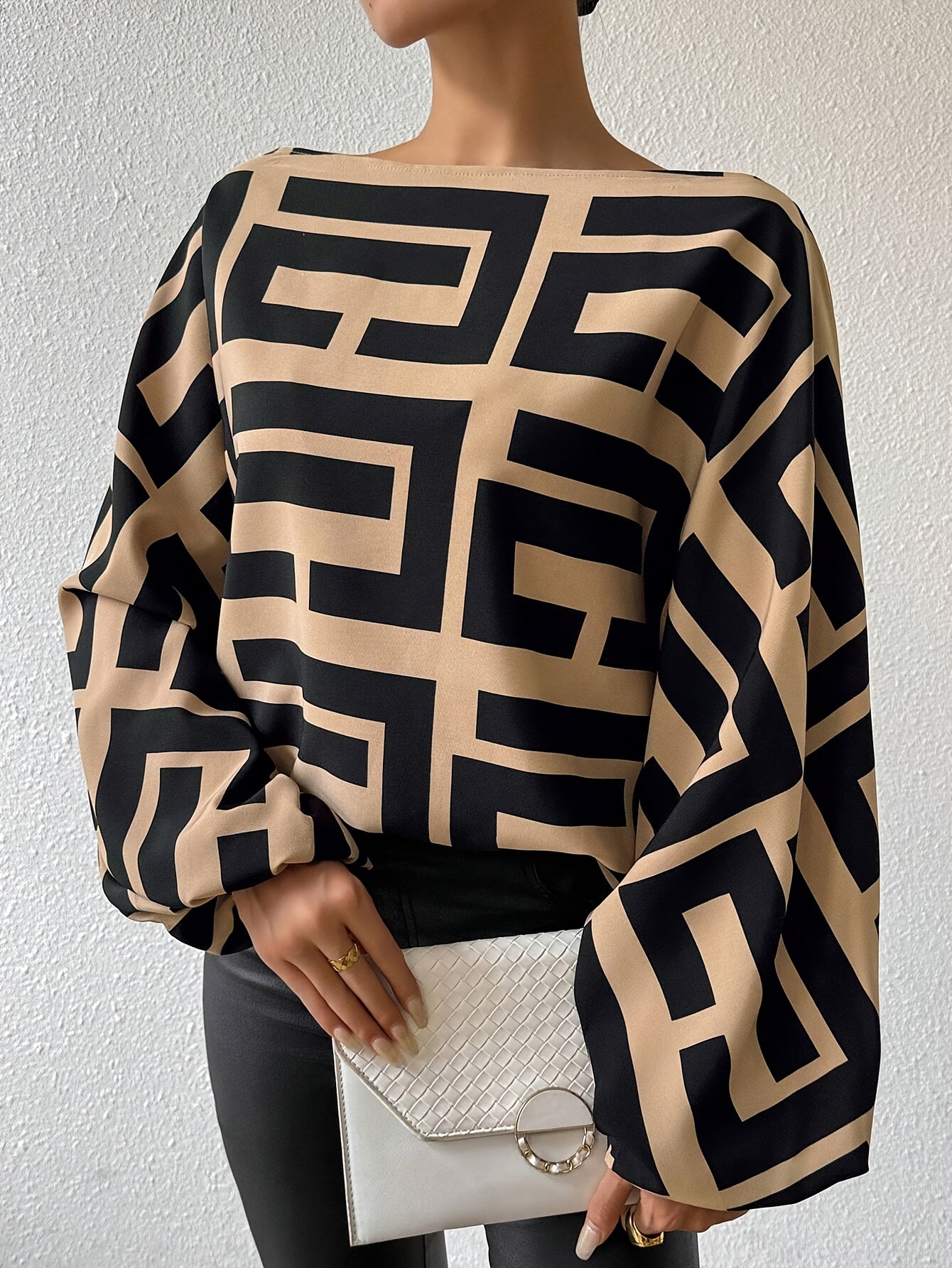 Greek Print One-shoulder Blouse, Elegant Long Lantern Sleeve Blouse For Spring & Fall, Women's Clothing