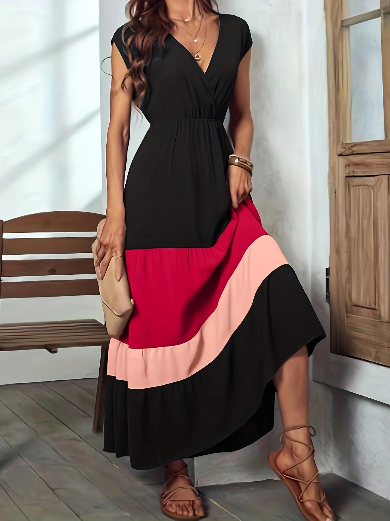 Vibrant Color Block Surplice Neck Maxi Dress - Elegant Sleeveless A-Line Silhouette, Micro Elasticity, Polyester Fabric, Solid Color, Summer Essential - Womens Elegant Clothing for Special Occasions