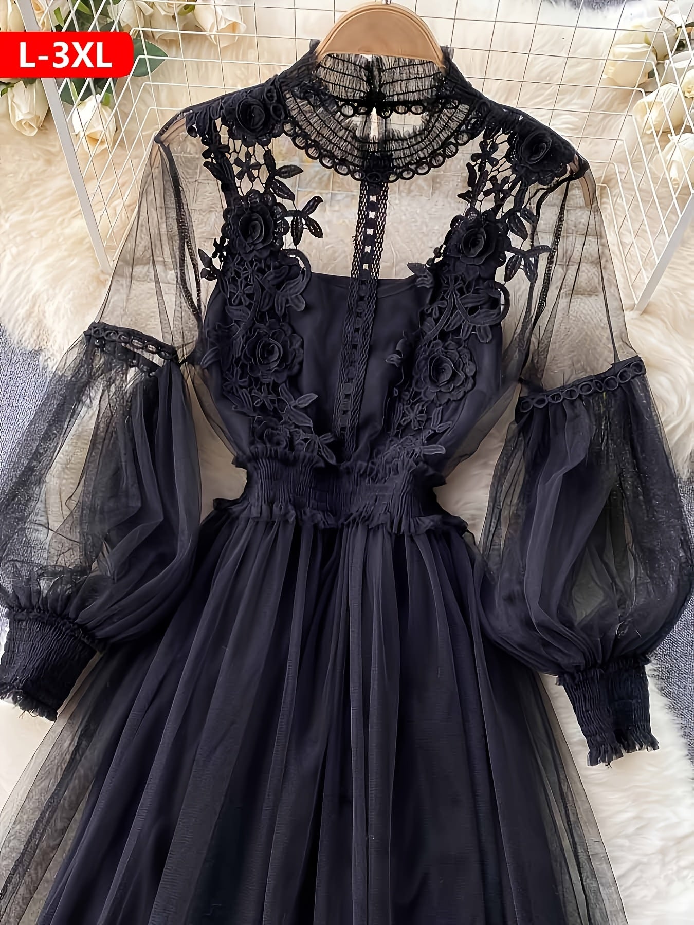 Plus Size Dresses Women'S Fashion Three-dimensional Flower Collage Sheer Mesh Balloon Sleeve Slim Long Dress Light Luxury Design Sense Women'S Chiffon Lace Shirt Suspender Base Shirt, Luxury Gift For Women