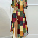 [1pc Vintage-Inspired Geometric Pattern Shirt Dress] Vintage-Inspired Geometric Pattern Shirt Dress with Lapel Collar, Long Sleeves, Button Details - Polyester Fabric, Woven Spring/Fall Midi Dress for Adults