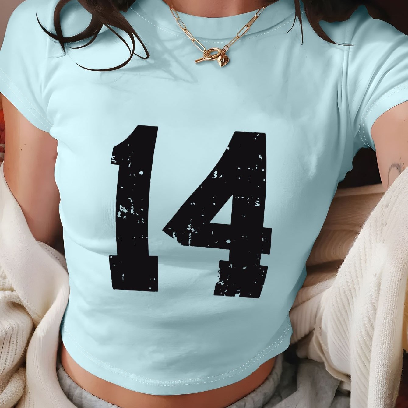 Women's Y2K Geometric Number 14 Print Crop T-Shirt - Soft Casual Top, Light Yellow with White Numerals, Spring Summer Versatile Tee, Distressed Style, Machine Washable Fabric, Comfortable Fit