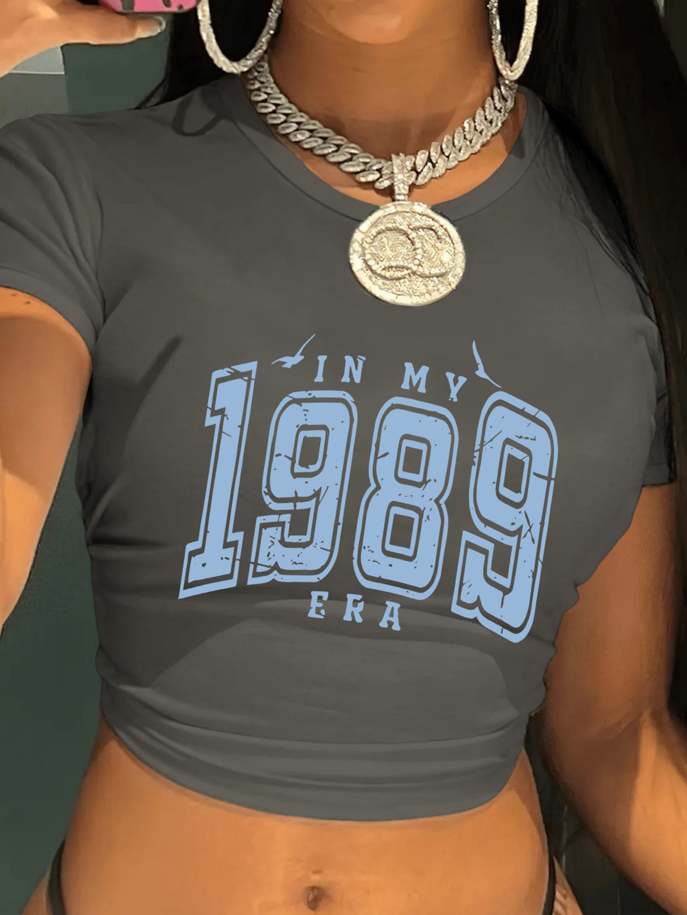 Women'S Y2K Graphic Crop Top T-Shirt - "In My 1989 Era" Letter Print, Short Sleeve, Crew Neck, Lightweight Polyester, Spring/Summer Casual Wear