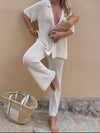 Women's Vacation Style Fashion Hollow Fabric Short Sleeve Shirt and Pants Set