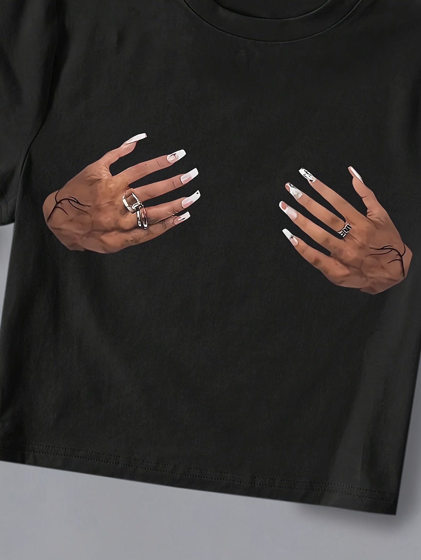 Women's Chic Hand Print Crop Top T-Shirt - Sexy Black, Short Sleeve, Round Neck, Stretchy Polyester Blend, Machine Washable - Perfect for Spring & Summer Casual Wear
