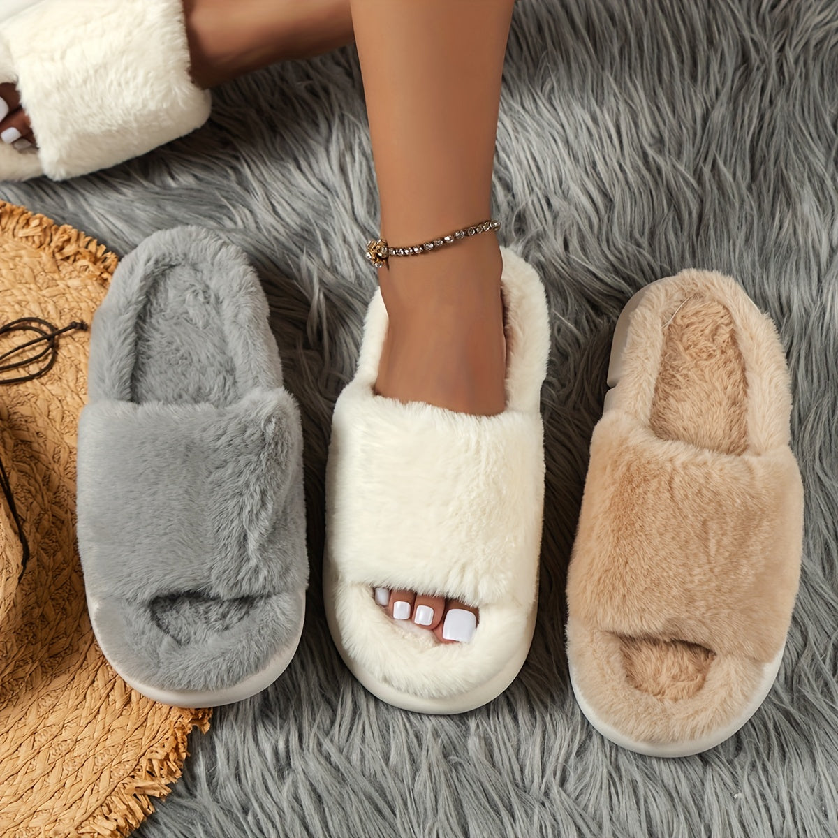 [Cozy Furry Slippers] Comfy Fluffy Furry House Slippers - Single Band Open Toe Platform Fuzzy Shoes - Cozy Warm Home Slippers