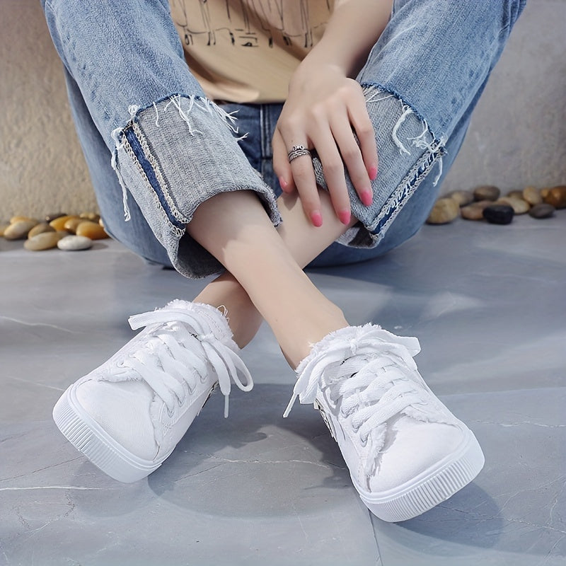 Women's Lightweight Breathable Flat Sole Sneakers - White Distressed Casual Running Walking Shoes with Fabric Upper, EVA Cushioned Sole & All-Season Comfort