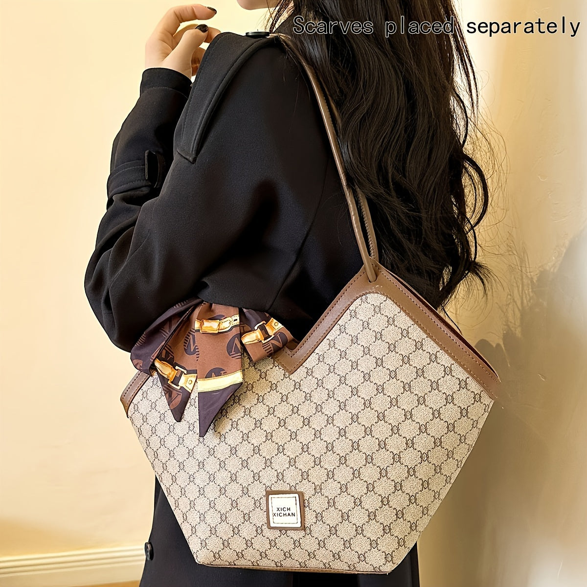 Timeless Chic - Niche Shoulder Bag with Fashion-Forward Scarf Accent - Versatile Classic Pattern Design for Womens Everyday Style