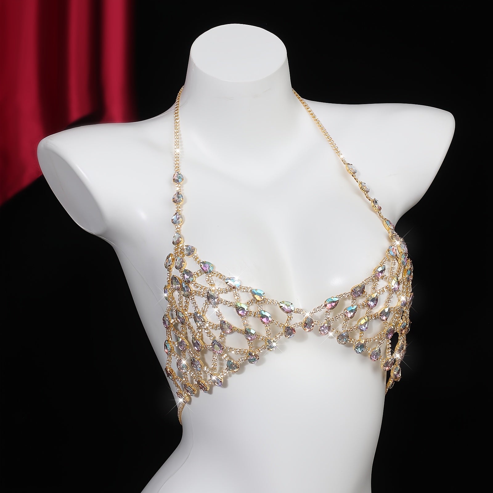 1 Set Sexy Glitter Style Alloy Rhinestone Bra and Panty Body Chain, Colorful Water Sparkle Mesh Design, Ideal for Stage Performances, Fashion Shows, Carnival Parties, Beach Holidays - All Seasons, Party Accessory|Glamorous St
