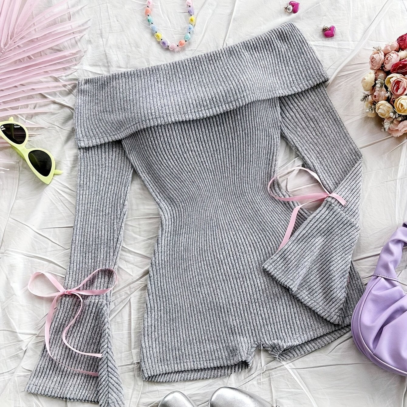 Elegant Direction Women'S New Autumn And Winter Knitted Solid Color Off-Shoulder Long Sleeve Flared Jumpsuit.
