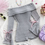 Elegant Direction Women'S New Autumn And Winter Knitted Solid Color Off-Shoulder Long Sleeve Flared Jumpsuit.