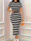 Women'S Elegant Striped Print Midi Skirt Set - Black & White, Short Sleeve Top with Ribbed Detail, Stretchy Polyester Blend, High-Waisted Pants, Perfect for Spring/Summer, Casual Attire|Elegant Casualwear|Polyester Blend