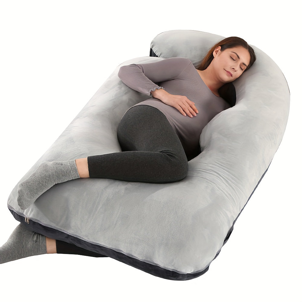 62 Inch J-Shaped Body Pillow with Removable Velvet Cover - Machine Washable Medium-Soft Support Pillow for Full-Body Comfort, White Home & Bedroom Essential, Pillows for Sleeping