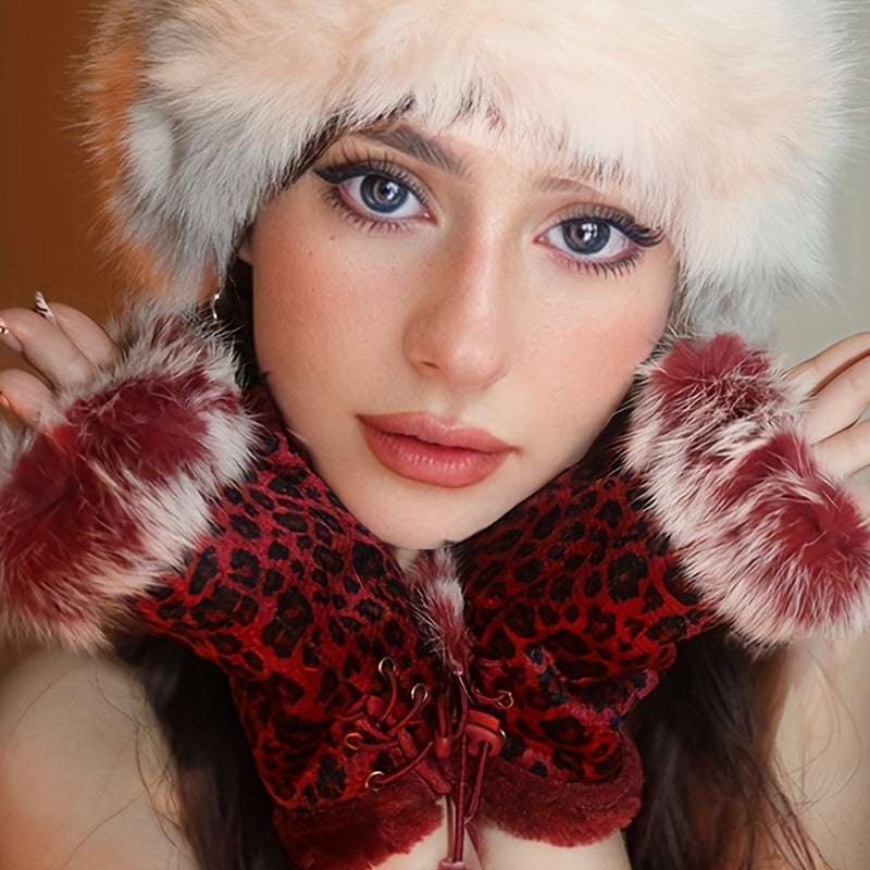 1 Pair of Plush Leopard Print Fingerless Mittens for Women - Cozy & Warm Knit Gloves with Adjustable Lace-Up Wrist, Vintage Harajuku Style, Machine Washable for Autumn/Winter Elegance