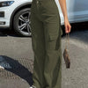 Women'S Casual Solid Cargo Pants, Polyester High Waist Wide Leg Pants with Pocket, All-Season Woven Fabric, 150g/㎡ Weight