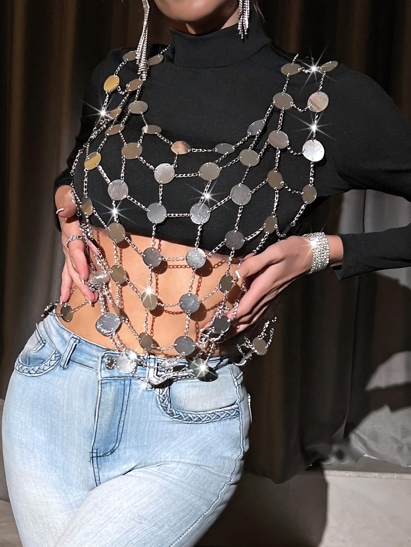 European And American Cross-border Explosive Sequins Waist Chain Nightclub Handmade Exaggerated Fishnet Sequins Sexy Ladies Novelty Camisole