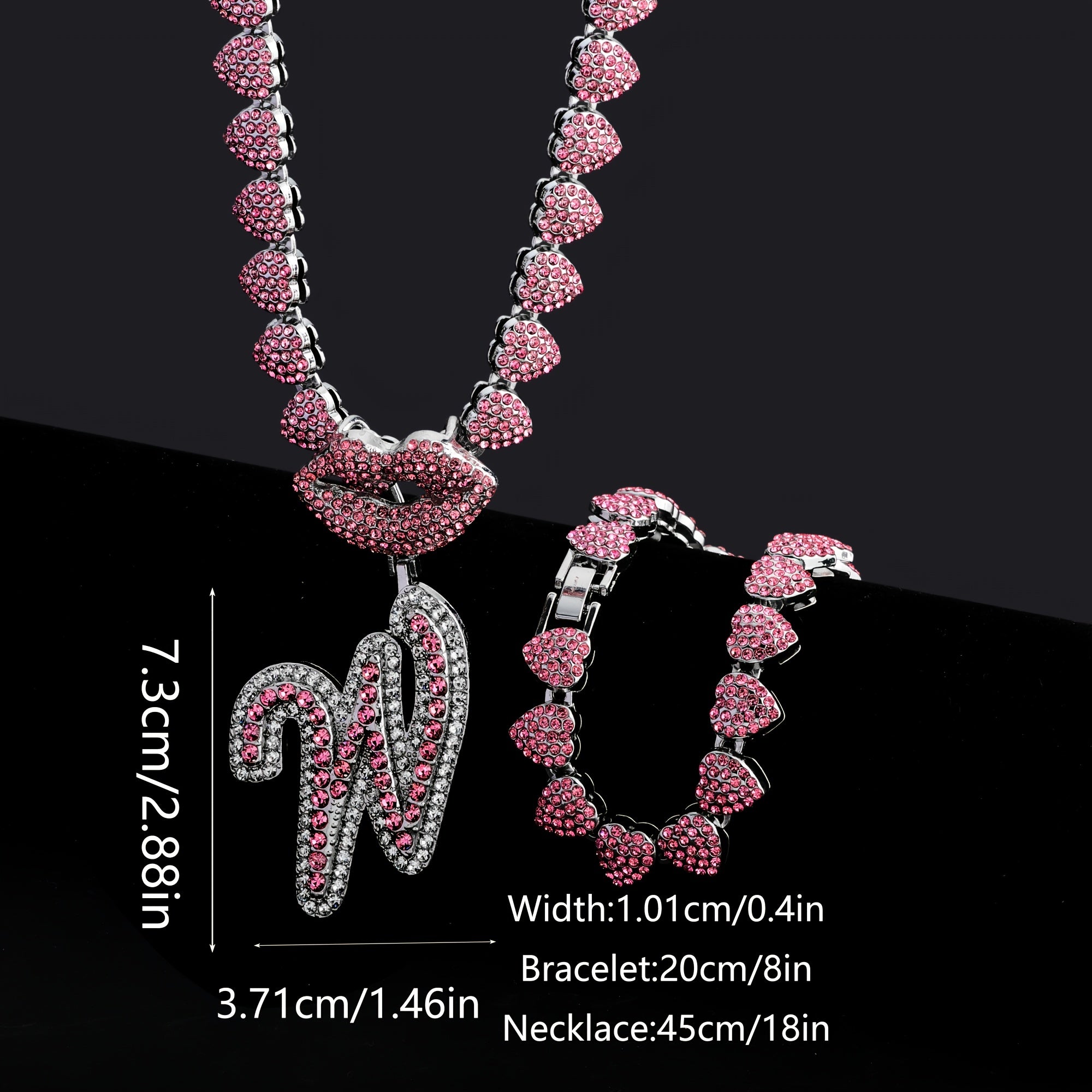 Hip Hop Y2K Style Pink Sexy Lips Pendant Necklace and Bracelet Set, A-Z Initials, Rhinestone Inlay, Zinc Alloy, Perfect for Daily Wear or Parties, Ideal Valentine's Day Gift for Men and Women, Hip Hop Jewelry