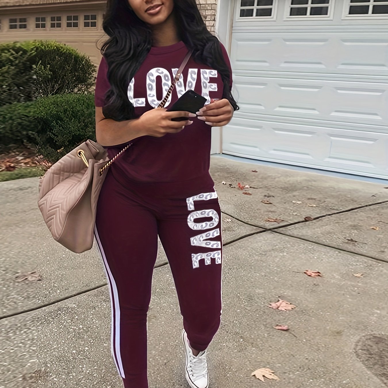 Women's Casual Polyester Knit Sweatpants Set with Round Neck and Alphabet Letter Print, Spring/Summer Collection - Love Letter Design - For Women - Made of Polyester - Perfect for Casual Wear & Loungewear - Ideal Gift for Fas