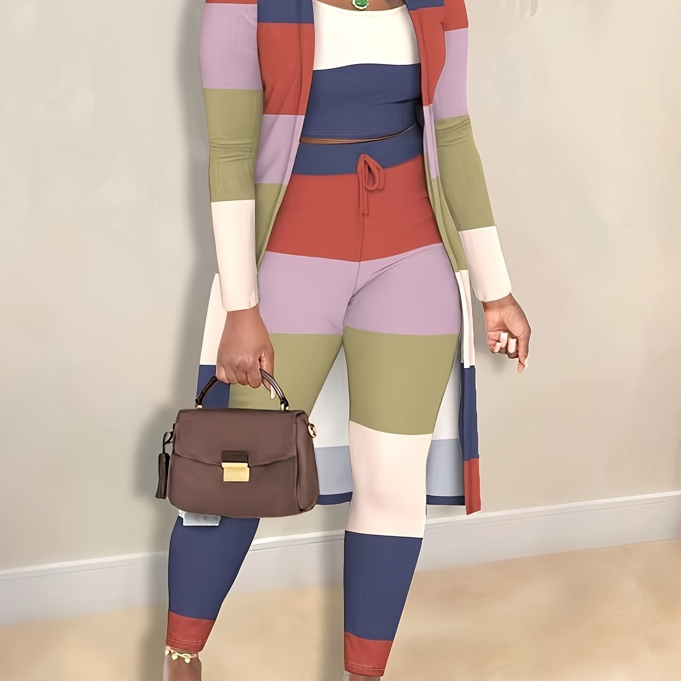 Fashion Color Block Striped Print Open Cardigan with Tie Waist Pants Three-Piece Set