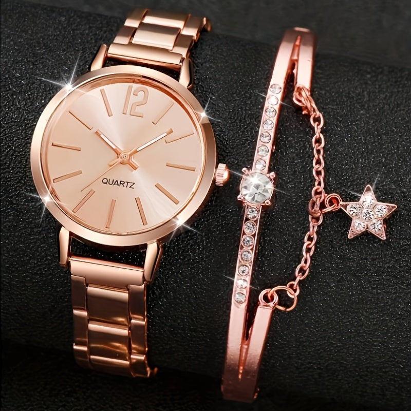Fashionable Women'S Quartz Watch And Bracelet Set, Analog Round Dial, Shock-Resistant Alloy Band And Case, Non- with Button Battery - 1 Watch + 1 Bracelet Combination Package, Gift for Eid, Ramadan