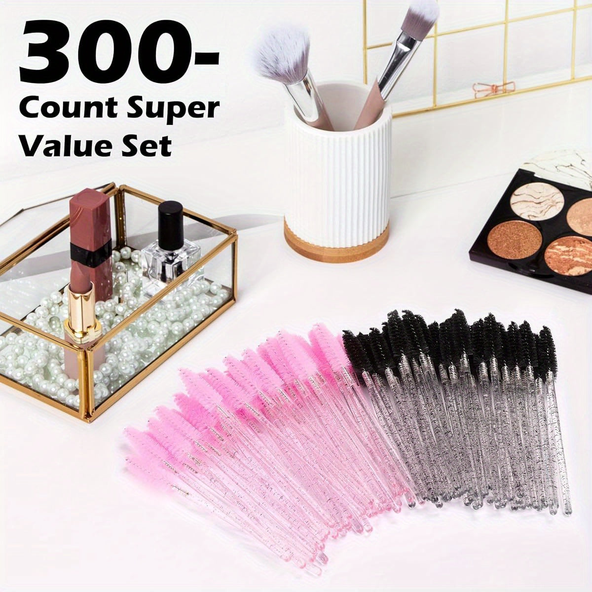 300pcs Disposable Mascara Wands, Crystal Eyelash Brush Eyebrow Spoolies for Eyelash Extensions, Pink & Black Mascara Brush