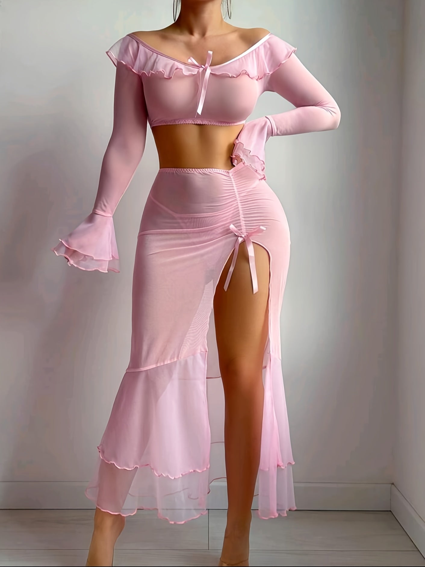 New Mesh Bell-Sleeve Top 1 + Long Skirt 1 + Underwear 1