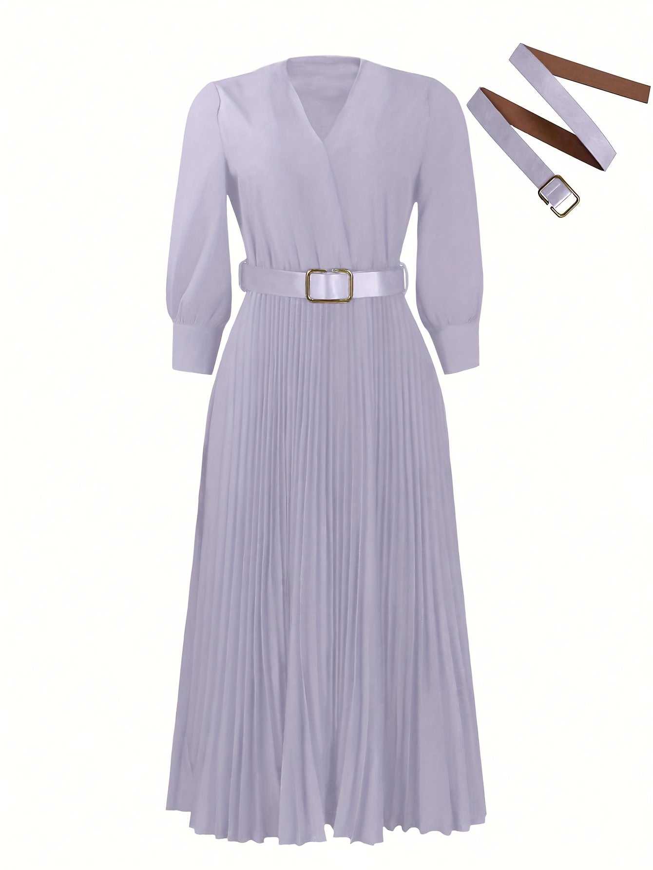 Elegant V-Neck Pleated Midi Dress with Belt for Women - Chic Long Sleeve, Cinched Waist, Ribbed Texture, Perfect for Spring & Fall Formal Event