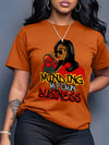 [Stylish T-Shirt] Polyester Women's Casual T-Shirt - Stylish Cartoon Character Print "MINDING MY OWN BUSINESS" Design, Machine Washable, All-Season Wear