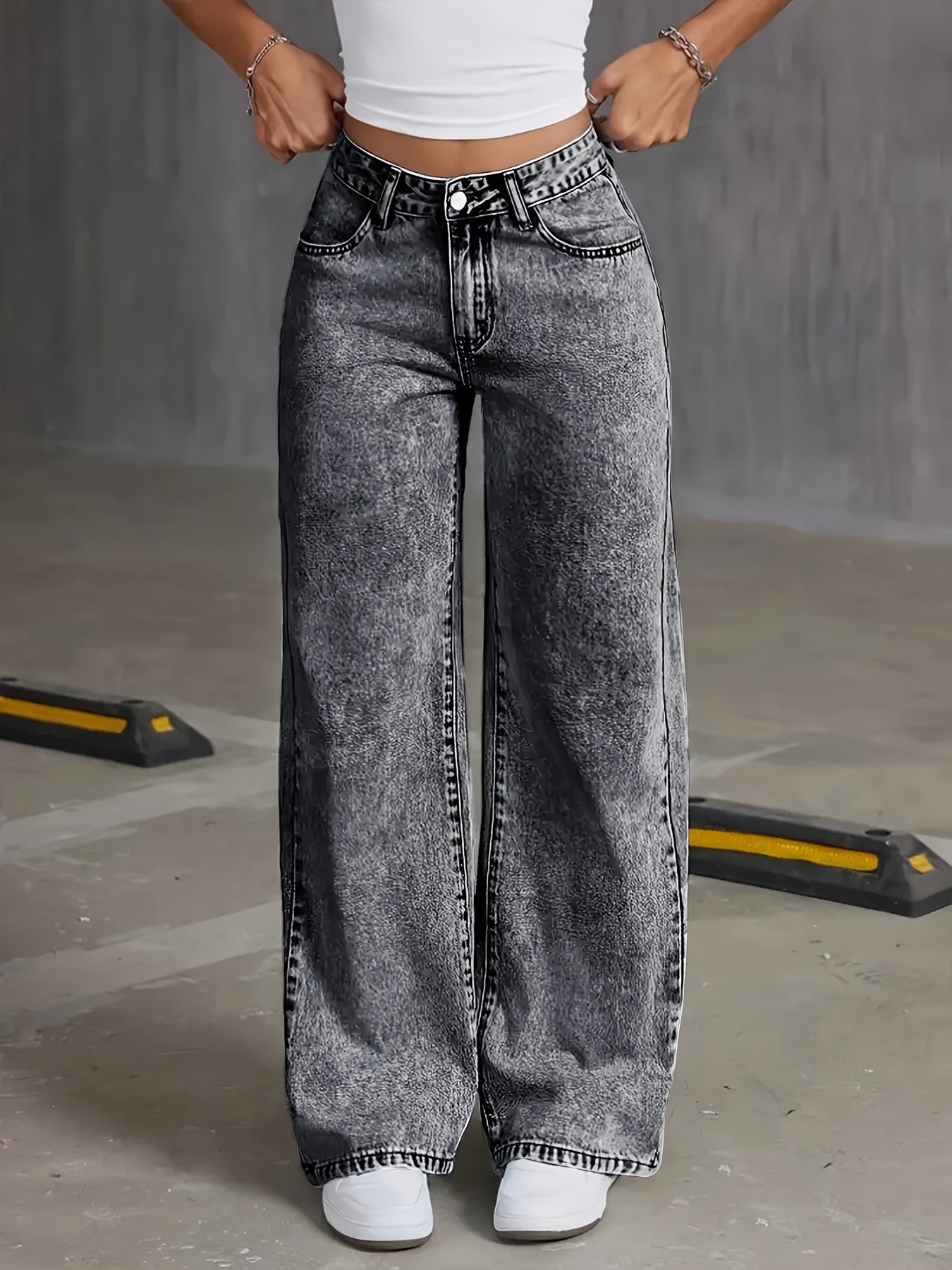 Women'S Fashion High-Waist Straight Leg Jeans, Casual Denim Cotton Blend, Medium Stretch, Solid Color, with Snowflake Wash, for All-Season Woven Pants