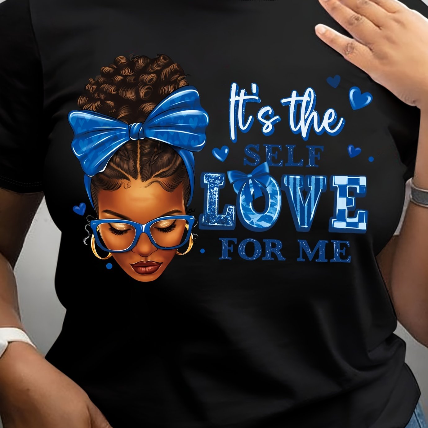 Empowering Women's Black T-Shirt with "It's the Self Love for Me" & Cartoon Print - Breathable, Crew Neck, Short Sleeve, Machine Washable - Perfect for Casual Outfits, Cute T Shirts