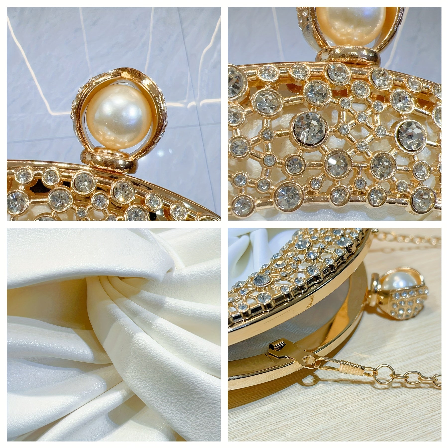 Elegant White Mini Clutch with Golden Rhinestone Crown, Removable Shoulder Strap, and Pearl Accents - Perfect for Evening Parties, Banquets, and Special Occasions, Ladies' Handbag